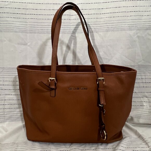 Michael Kors Brown Leather Medium Zip Jet Set Travel Tote - Picture 1 of 7